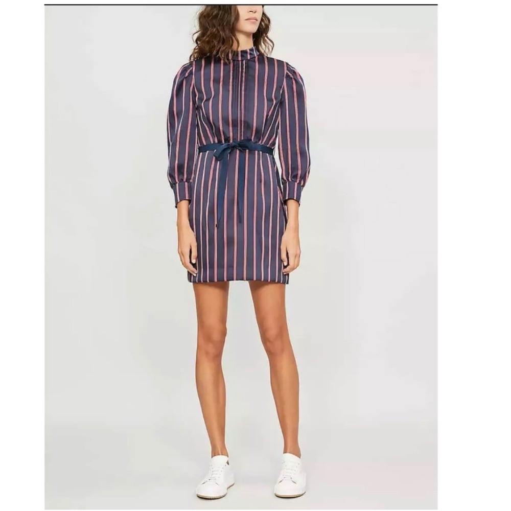 Sandro Striped Mini Dress Navy Red White 38 Mock Neck Work Office Minimalist